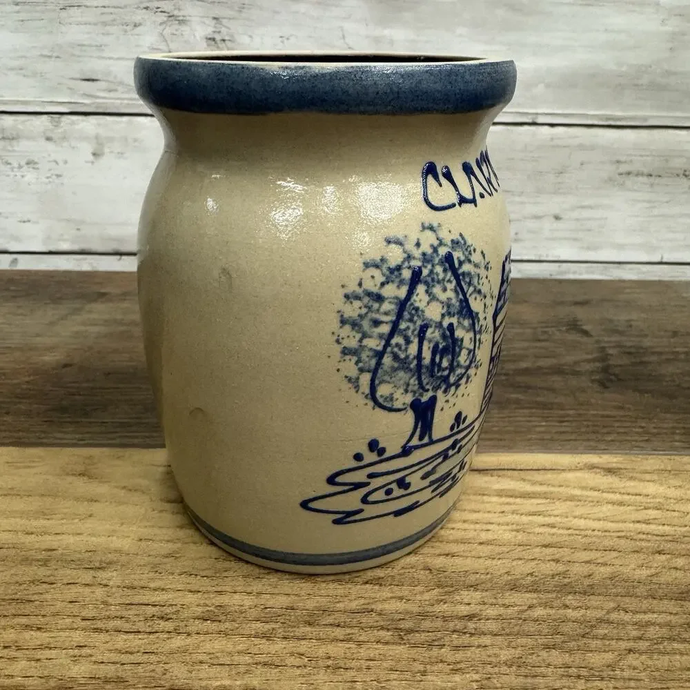 BBP Beaumont Brothers Pottery Clark State Salt-Glazed Crock -House, Trees 5.5”